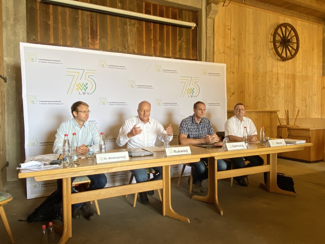 Erntepressekonferenz beim LBV: v.l. Dr. Dominik Modrzejewski, Fachreferent fr pflanzliche Erzeugung; Joachim Rukwied, Prsident im Landesbauernverband; Landwirt Michael Gehrung und Horst Wenk, stellt. Hauptgeschftsfhrer im Landesbauernverband.
