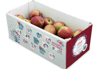 Doppelnutzung einer Apfelverpackung: Neben dem Verkauf von Früchten kann der Karton auch als Adventskalender genutzt werden.