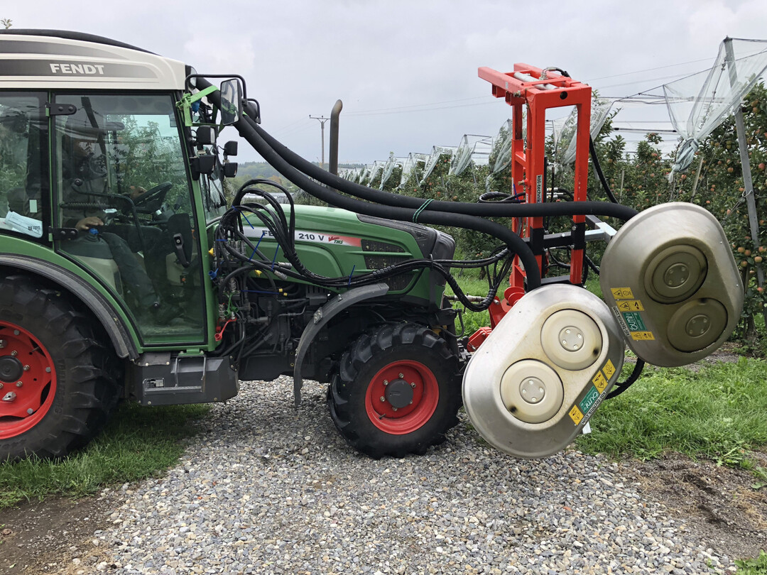 Mit einem Entbltterungsgert der Firma Omi wurden Frchte kurz vor der Ernte in sLicht gestellt, damit sie besser ausfrben. Mit Erfolg, wie sich im ersten Jahr der Erprobung des Gerts zeigte. 