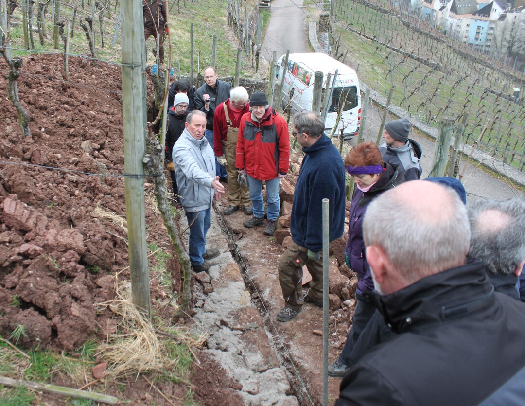 Der Trockenmauer-Workshop des Staffelsteiger Vereins fand in einem Weinberg oberhalb von Esslingen statt. Otto Rapp, Vorsitzender des Staffelsteiger Vereins gab die Richtung vor. Hier erklärt er den Workshop-Teilnehmern die Grundlagen für die Errichtung einer standfesten Trockenmauer.