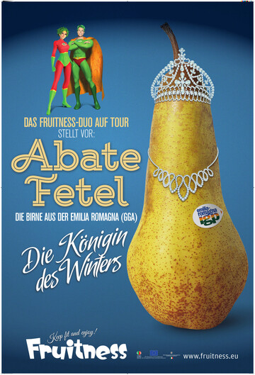 Mit diesen Plakaten wird die Werbetour für die italienische Birnensorte Abate Fetel in Deutschland begleittet.