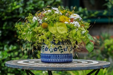 Geometrische Gestaltung: Ein kuppelfrmiger Aufbau bringt alle Bestandteile des Straues gut zur Geltung. Pflanzen, die auch im Beet grere Flchen bedecken zum Beispiel Frauenmantel (Alchemilla) oder Elfenblume (Epimedium) sollten auch im Strau entsprechend eingesetzt werden