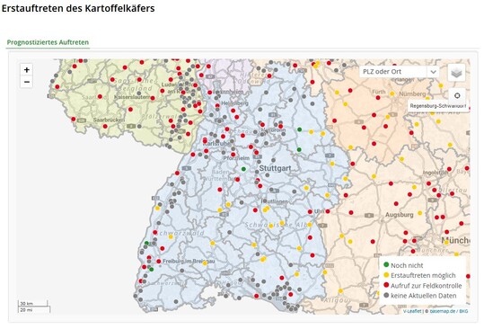 ISIP-Prognosemodell: Karte zum landesweiten Erstauftreten des Kartoffelkfer 2024.