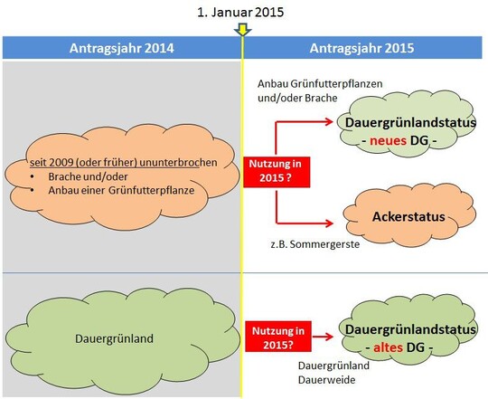 Bereits in 2014 bestehendes Dauergrnland wird als altes Dauergrnland gewertet.  Grnland, das zu einem spteren Zeitpunkt entsteht, wird als neues Dauergrnland gewertet.