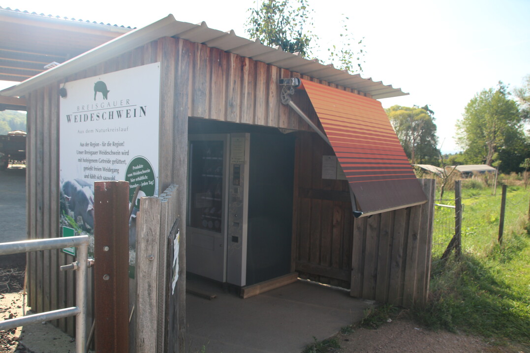 Die Htte mit dem Verkaufsautomaten steht direkt an der Strae.  