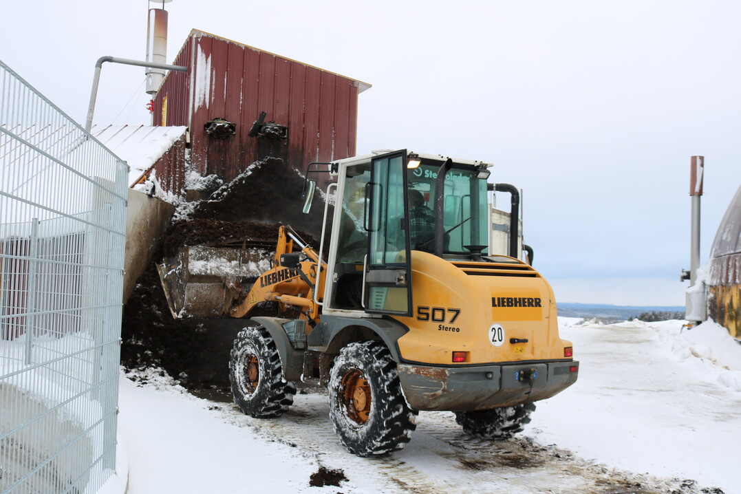 Viel Frontladerarbeit, nicht nur bei der Beschickung des Fermenters: Die feste Phase des Gärrestes muss regelmäßig von der Separierung entfernt werden, sie wird hofnah gelagert.