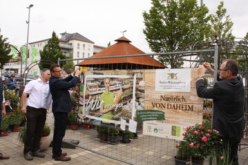 Ehrlich, authentisch, mit Leidenschaft und Herzblut wollen Landwirte und Genossenschaften in der Kampagne Gesicht zeigen. Vor Landwirten und Verarbeitern aus der Region bringen Minister Hauk und BWGV-Prsident Glaser (r.) die Banner-Werbung beim Raiffeisenmarkt in hringen an. 