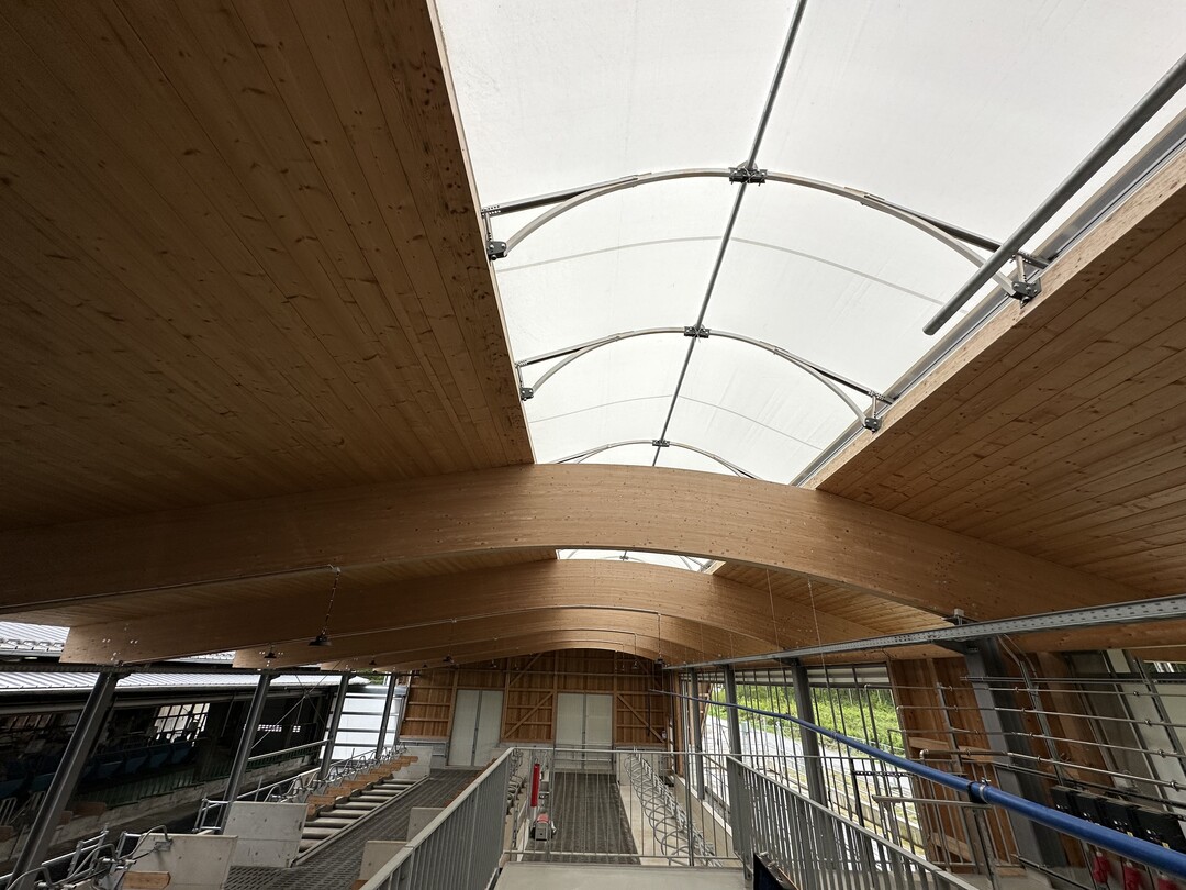 Ein vier Meter breiter Lichtfirst, der mit einem Foliendach inklusive UV-Filter ausgestattet ist, bringt viel Licht in den Stall. An den Seitenbereichen sorgen Curtains fr Sonnen- oder Windschutz.