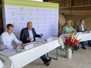 v.l. Dominik Modrzejewski, Referent fr pflanzliche Erzeugung im LBV; LBV-Prsident Joachim Rukwied, Landwirt Hartmut Brust und Horst Wenk, stellvertretender Geschftsfhrer im LBV stellen der Presse die Ernteergebnisse vor.