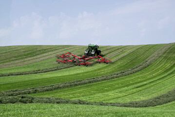 Der John Deere 6250R hat mit einem Kuhn 4-Kreisel Giroschwader GA 15131 in der Arbeitsbreite von 9,50 bis 14,70 m auf vier verschiedenen Feldern innerhalb von 8 Stunden 188,9 ha Gras geschwadet. 