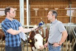 Redakteur Lucas Schäfer von Regio-TV mit Landwirt Hans-Georg Schwarz im Stall. Sogar die Milchkuh zeigt Interesse