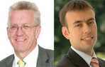 Der designierte Ministerpräsident Winfried Kretschmann von den Grünen (l.) und SPD-Landeschef und künftiger Superminister für Finanzen und Wirtschaft, Nils Schmid, stellen am 27. April den Koalitionsvertrag vor.