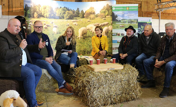 Gute Gesprche auf der Jubilumsfeier: ber 20 Jahre Wrttemberger Lamm diskutierte Moderatorin Iris Goldack (3. v. l.) mit ihren Gsten (v. l.) Jrgen Mder und Axel Lienhard, Edeka Sdwest Fleisch, Sabine Kurtz, Staatssekretrin im MLR, Ernst Fauser, Schfer und Vorsitzender BW Lamm EZG, Ulrich Rothweiler, Viehzentrale Sdwest (VZ) und Bruno Krieglstein, MLR. 