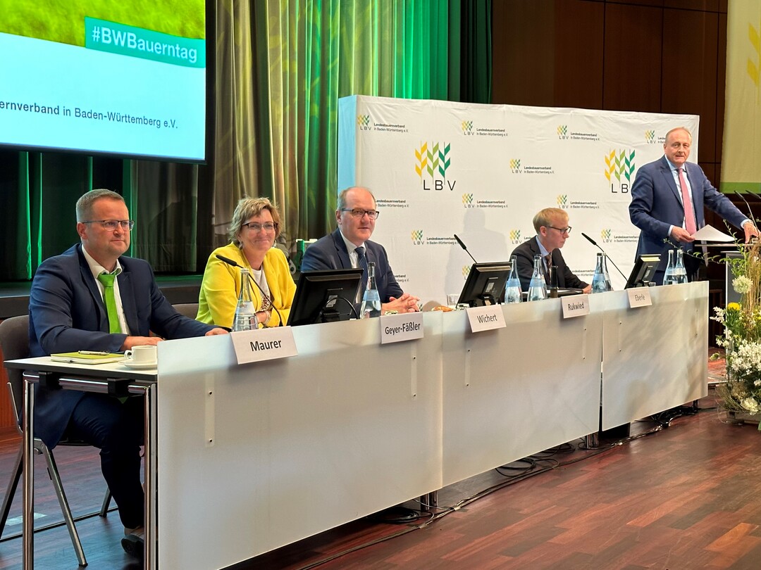 v.l. DIe Vizeprsidenten Jrgen Maurer, Roswitha Geyer-Fler, Hans-Benno Wichert und LBV-Geschftsfhrer Marco Eberle mitLBV-Prsident Joachim Rukwied.
