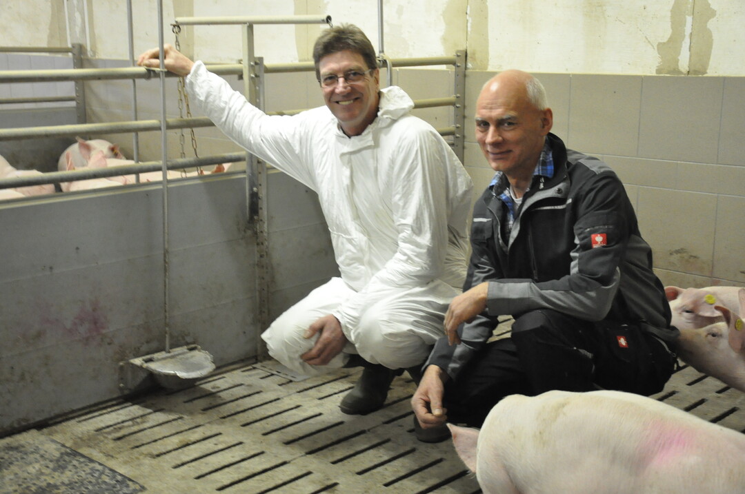 Gesunde Schweine, weniger Glle: Friedrich Lhrs (links) und Friedrich Runge sind mit den Versuchsergebnissen zur Multiphasenftterung zufrieden.  
