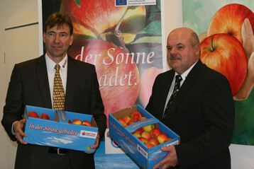pfel vom Bodensee erzielen derzeit gute Preise. Im Schnitt ber alle Sorten liegen sie um elf Prozent ber dem Vorjahr, wie Dr. Egon Treyer (l.) und Hermann Sommerfeld von der Marktgemeinschaft Bodenseeobst errechnet haben. 