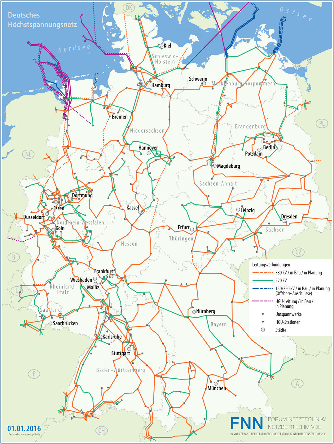 Die neue Version der VDE|FNN-Karte des deutschen Hchstspannungsnetzes dokumentiert die groen Fortschritte bei den Offshore-Netzanschlssen.