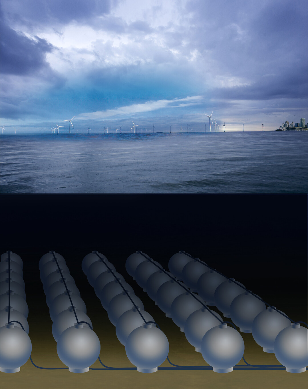 Konzept fr ein Meeres-Pumpspeicherkraftwerk mit vielen Kugelspeichern (ca. 30 m Durchmesser) in 600 - 800 Metern Wassertiefe zur Zwischenspeicherung von Offshore-Strom