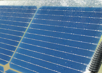 PV-Zellen aus einer Agri-PV-Anlage in einer Nahaufnahme.