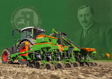 Grnder Heinrich Dreyer mit dem historischen Firmenlogo aus der Grnderzeit und der neuesten Amazone Einzelkornsmaschine Precea.
