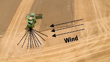 Seitenwind beeinfluss die Strohverteilung des Hckslers enorm. Beim S700 wird nun die Wurfrichtung der Strohverteiler-Leitbleche automatisch angepasst.