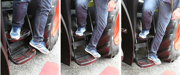 Beim Ausstieg lst man einen Fuschalter auf der letzten Stufe aus und der Softstep gleitet sanft mit der Person zu Boden und nimmt so die gesamte Energie aus dem Bewegungsablauf.