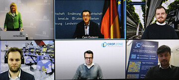  Digitale Scheckbergabe: Bundeslandwirtschaftsminister Cem zdemir stellte die Zuwendungsbescheide fr die vier Start-ups ConstellR, crop.zone, Feldklasse und Organifarms aus und wnschte den Neugrndern viel Erfolg. 