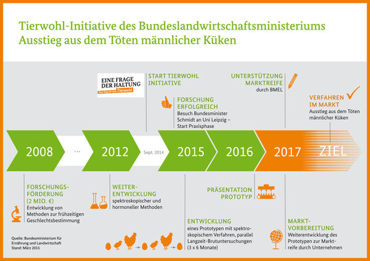 Zeitplan des Forschungsprojekts "In-Ovo-Geschlechtsbestimmung" seit dem Start 2008 bis zum Ausstieg aus dem Kkentten